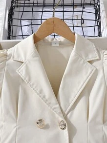 SHEIN Tween Girl Puff Sleeve Double Breasted Fold Pleated Dress - Apricot - View 3