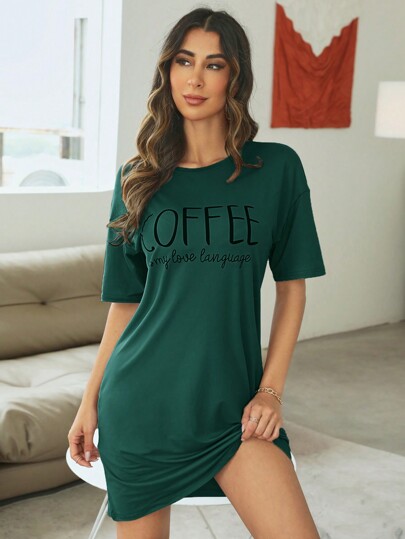 Slogan Graphic Drop Shoulder Pajama Nightdress view 5