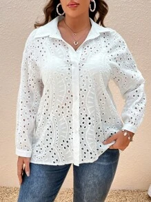 SHEIN VCAY Áo sơ mi Plus Size Nút phía trước Tranh thêu màu trơn Giải trí - trắng - Xem 1