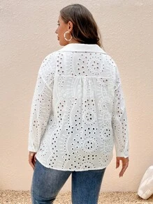 SHEIN VCAY Áo sơ mi Plus Size Nút phía trước Tranh thêu màu trơn Giải trí - trắng - Xem 2
