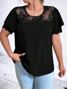 SHEIN Clasi 大碼蕾絲拼接蝴蝶袖襯衫 - 黑色 - 查看 4