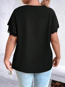 SHEIN Clasi 大碼蕾絲拼接蝴蝶袖襯衫 - 黑色 - 查看 2