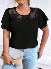 SHEIN Clasi 大碼蕾絲拼接蝴蝶袖襯衫 - 黑色 - 查看 3