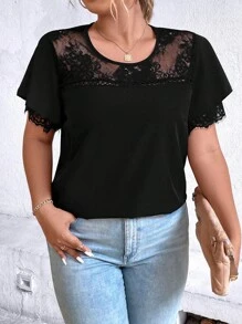 SHEIN Clasi 大碼蕾絲拼接蝴蝶袖襯衫 - 黑色 - 查看 5