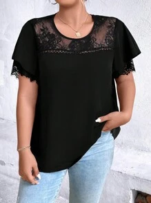 SHEIN Clasi 大碼蕾絲拼接蝴蝶袖襯衫 - 黑色 - 查看 1