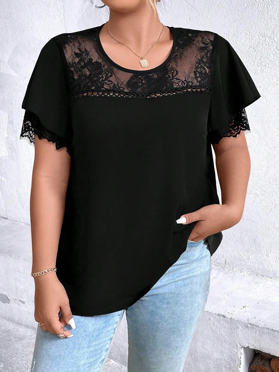 SHEIN Clasi 大碼蕾絲拼接蝴蝶袖襯衫 - 黑色 - 查看 1