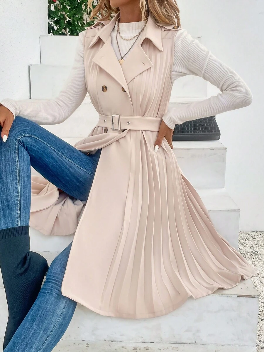 SHEIN LUNE 雙排釦百褶下擺腰帶風衣外套 - 卡其色 - 查看 1