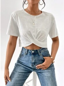 SHEIN Essnce Twist Front Crop Tee - White - View 4