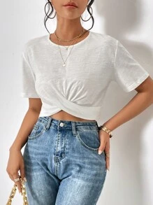 SHEIN Essnce Twist Front Crop Tee - White - View 5