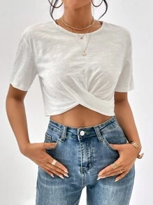 SHEIN Essnce Twist Front Crop Tee - White - View 7