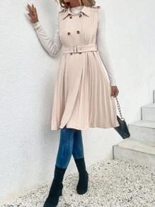 SHEIN LUNE 雙排釦百褶下擺腰帶風衣外套 - 卡其色 - 查看 6