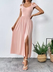 SHEIN Privé Đầm Cắt ra Tách cao màu trơn Giải trí - Hồng - Xem 4