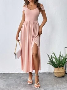 SHEIN Privé Đầm Cắt ra Tách cao màu trơn Giải trí - Hồng - Xem 3
