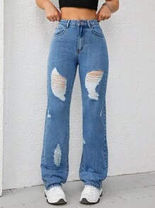SHEIN EZwear Ripped Straight Leg Jeans - Medium Wash - View 3