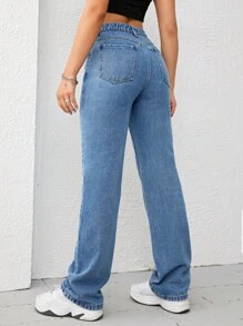 SHEIN EZwear Ripped Straight Leg Jeans - Medium Wash - View 2