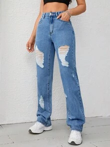 SHEIN EZwear Ripped Straight Leg Jeans - Medium Wash - View 4