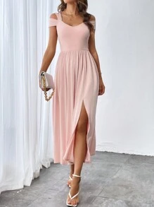 SHEIN Privé Đầm Cắt ra Tách cao màu trơn Giải trí - Hồng - Xem 6