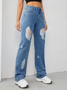 SHEIN EZwear Ripped Straight Leg Jeans - Medium Wash - View 5