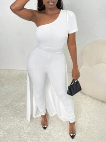 Slaydiva 單肩素色覆蓋連身褲 - 白色 - 查看 1