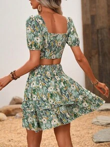 SHEIN VCAY Allover Floral Print Puff Sleeve Crop Top & Ruffle Hem Skirt - Green - View 2