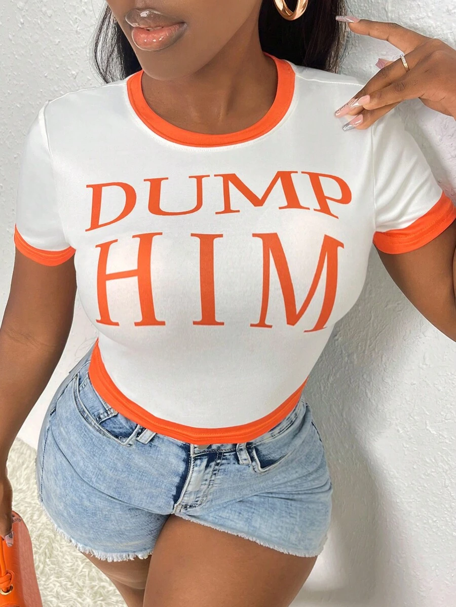 Slaydiva Áo thun nữ Tương phản ràng buộc Lá thư Giải trí - trắng - Xem 1