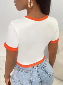 Slaydiva Áo thun nữ Tương phản ràng buộc Lá thư Giải trí - trắng - Xem 2