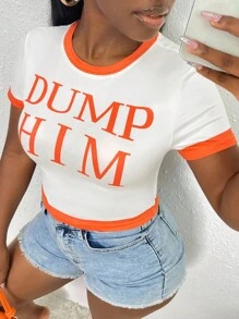 Slaydiva Áo thun nữ Tương phản ràng buộc Lá thư Giải trí - trắng - Xem 3