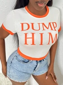 Slaydiva Áo thun nữ Tương phản ràng buộc Lá thư Giải trí - trắng - Xem 5