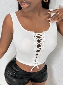 Slaydiva Áo khoác và áo lót dành cho xe tăng nữ Gân đan Ren lên Thùa khuyết màu trơn Giải trí - trắng - Xem 3