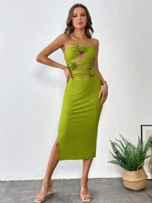 SHEIN Privé 鏤空高衩抹胸連衣裙 - 青檸色 - 查看 5