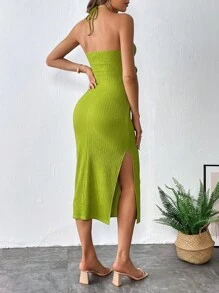 SHEIN Privé 鏤空高衩抹胸連衣裙 - 青檸色 - 查看 6