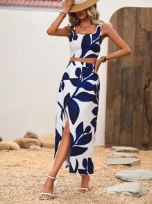 Breezaya 植物圖案背心上衣和高衩半身裙 - 藍白色 - 查看 5