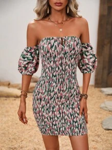 Breezaya 滿版印花一字肩前繫帶緊身洋裝 - 彩色 - 查看 1