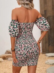 Breezaya 滿版印花一字肩前繫帶緊身洋裝 - 彩色 - 查看 2