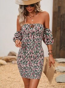 Breezaya 滿版印花一字肩前繫帶緊身洋裝 - 彩色 - 查看 4