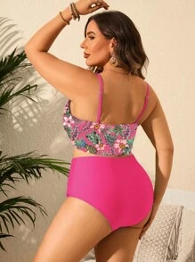 SHEIN Swim Curve Conjunto de bikini de talle alto con estampado tropical y fruncido para tallas grandes para la playa en verano - Multicolor - Ver 2