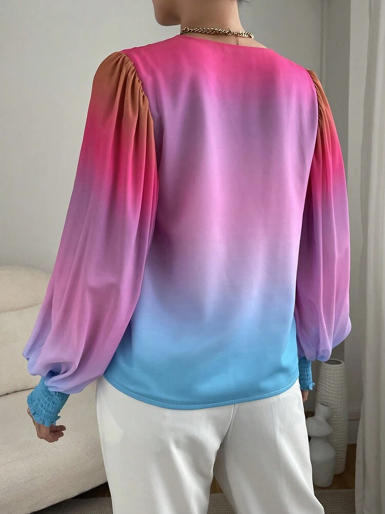 Ombre Print Lantern Sleeve Surplice Neck Blouse