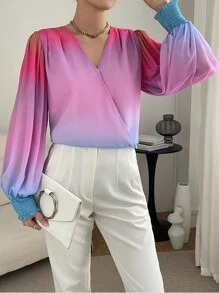SHEIN Privé Blouse Imprimé Dégradé Manches Bouffantes Col Surplis