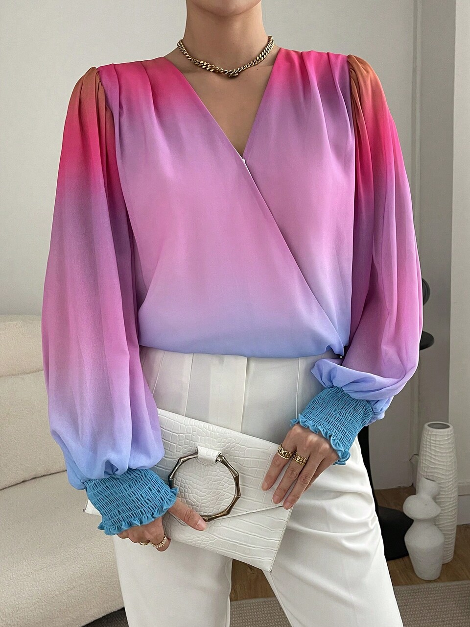 Ombre Print Lantern Sleeve Surplice Neck Blouse