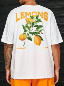 Manfinity RebelGame Men Cotton Lemon & Slogan Graphic Drop Shoulder Tee - White - View 1