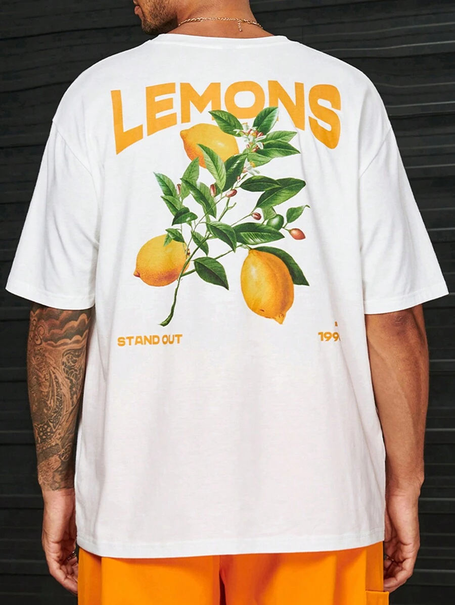 Manfinity RebelGame Men Cotton Lemon & Slogan Graphic Drop Shoulder Tee - White - View 1