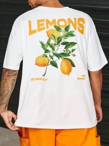 Manfinity RebelGame Men Cotton Lemon & Slogan Graphic Drop Shoulder Tee - White - View 3