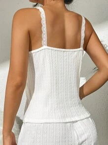 Top de dormir con ribete fruncido de encaje en contraste - Blanco - Ver 3