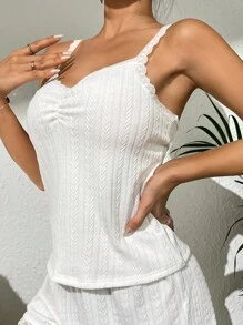 Top de dormir con ribete fruncido de encaje en contraste - Blanco - Ver 4