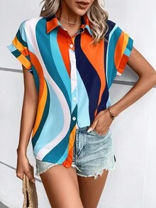 SHEIN LUNE Áo sơ mi nữ Nút phía trước Tất cả trên in Giải trí - Nhiều màu - Xem 3