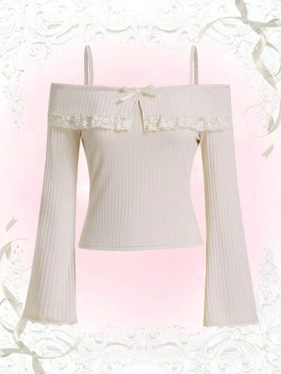 ROMWE Kawaii Himekaji 露肩蕾丝边 T 恤，学校