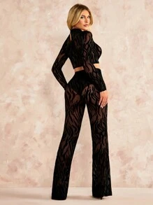 SHEIN BAE Mock Neck Sheer Mesh Crop Top & Flare Leg Pants Without Panty - Black - View 2