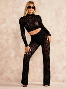 SHEIN BAE Mock Neck Sheer Mesh Crop Top & Flare Leg Pants Without Panty - Black - View 4