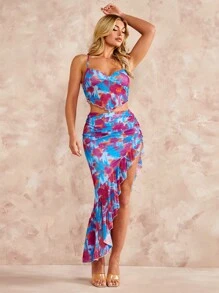 SHEIN BAE In Toàn bộ Cami ngọn & Ruffle Viền không đối xứng Váy - Nhiều màu - Xem 1