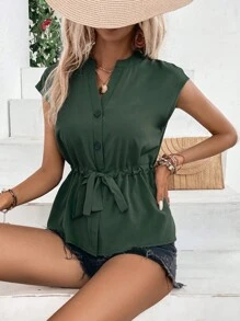 Drawstring Waist Batwing Sleeve Blouse - Green - View 1